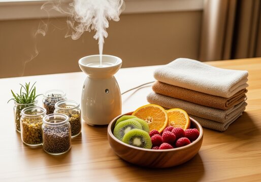 Holistic wellness setup featuring an aroma diffuser, fresh fruit, and spa towels