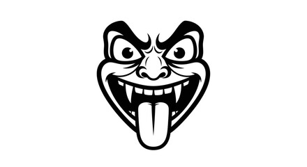 A stylized, black and white illustration of a grinning, monstrous face with fangs.