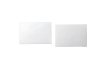Two white square cards on black background