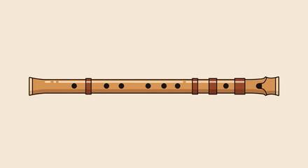 Illustration of a wooden flute with finger holes and decorative bands, centered on a light beige background.