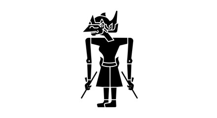 Silhouette of a devilish figure with horns and clawed hands, adorned with flame-like patterns.
