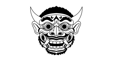 A detailed black and white illustration of a stylized demon mask with horns and sharp teeth.