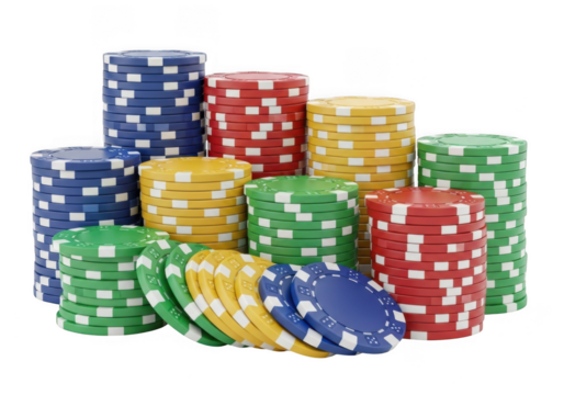 A collection of colorful poker chips stacked and fanned out, isolated on a transparent background