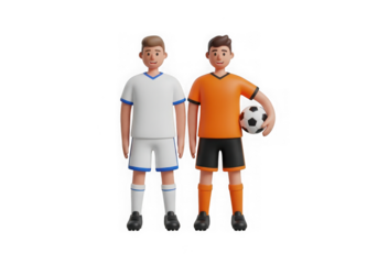 Two cartoon soccer players, one in white, one in orange, with ball isolated on transparent background