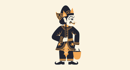 A stylized illustration of a traditional Indonesian puppet character holding a bucket.