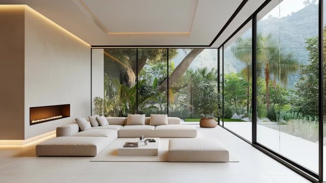 Contemporary living room with glass walls overlooking tropical greenery, filled with natural light and neutral tones, harmony between modern architecture, interior design, luxurious relaxing lifestyle