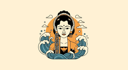 A stylized illustration of a woman in traditional attire, surrounded by ocean waves and clouds.