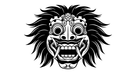 Vector illustration of a traditional Balinese mask with intricate details, sharp teeth, and flowing hair.