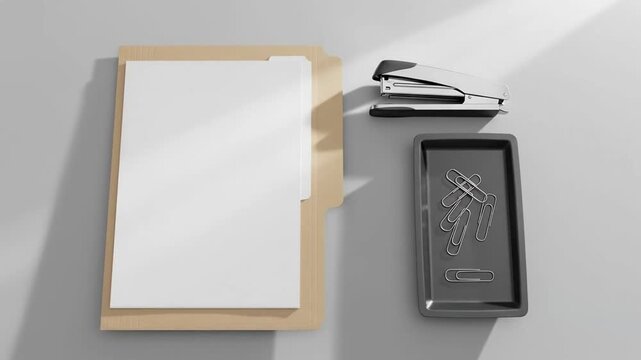 Office supplies arrangement on gray surface overhead view