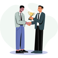 Two men shake hands one man holds a golden trophy representing achievement and success against a light green background