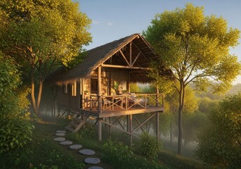 Rustic wooden stilt house with a thatched roof nestled in a lush green forest, surrounded by trees and mist at sunrise