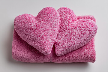 Two pink terry cloth hearts lie next to each other on a bath towel