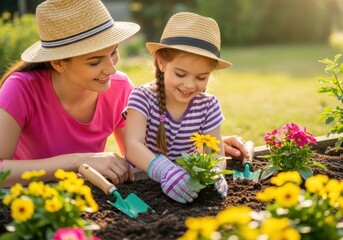 Mother and daughter wearing straw hats, happily gardening together in a sunny backyard, planting flowers and enjoying outdoor activity