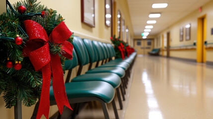 Christmas hospital hallway with green chairs, festive wreaths, red bows, and warm lighting creates welcoming holiday atmosphere