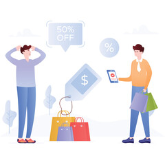 Two Men Shopping for Discounts with Colorful Bags and a 50% Off Sign Against a Light Gray Background with Minimalist Trees and Clouds