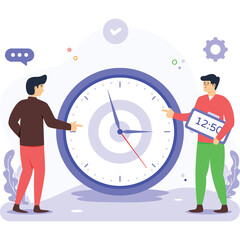 Two Men Standing Near A Large Blue Clock With Time Display And Gears In The Background With Pixel Art Style And Transparent Background