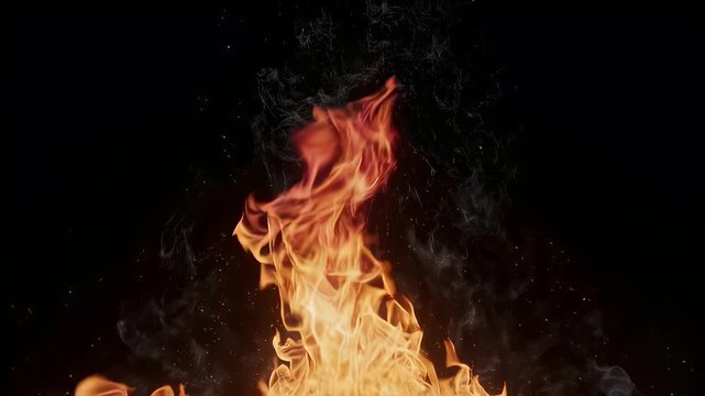 Orange flames dance against the dark, smoky backdrop