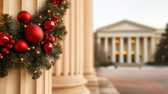 Christmas wreath with red ornaments and lights decorates government building column, festive mood, blurred classical architecture background - Powered by Adobe