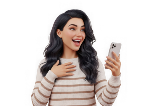Excited young woman holding smartphone, expressing joy and surprise digitally isolated on transparent background