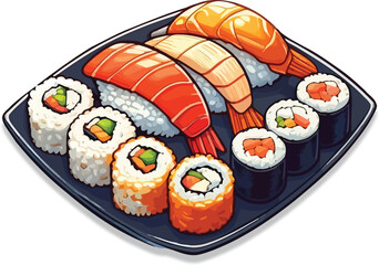 Delicious Japanese Cuisine Nigiri and Rolls, Fresh Asian Restaurant Menu Graphic, Salmon, Shrimp, and Tuna Sushi Platter Illustration