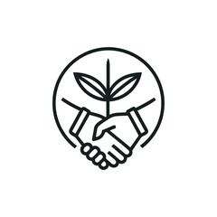 “Black line art symbol of two hands shaking, with a leaf emerging from the middle, sustainability partnership concept.”