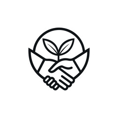 &ldquo;Black line art symbol of two hands shaking, with a leaf emerging from the middle, sustainability partnership concept.&rdquo;