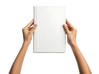 Hands holding blank white book against black background