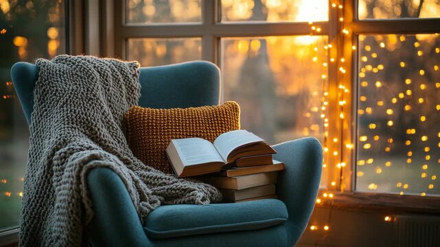 Cozy reading corner with soft chair, warm blanket, and open book near window glowing with sunset light and fairy illumination, symbolizing comfort, relaxation, inspiration, and peaceful evening mood.