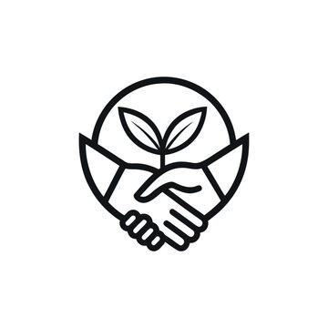 &ldquo;Black line art symbol of two hands shaking, with a leaf emerging from the middle, sustainability partnership concept.&rdquo;