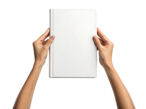 Hands holding blank white book against black background