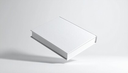 Blank white book hovering in the air with a soft shadow beneath it, perfect for mockups and design concepts