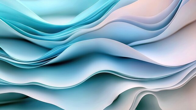 An abstract background with flowing, layered paper shapes in soft pastel blue, teal, and pink hues, creating a serene and ethereal mood.