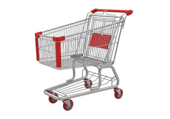 A metal shopping cart with red accents, isolated on a transparent background, ready for use in a supermarket or retail store