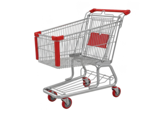 A metal shopping cart with red accents, isolated on a transparent background, ready for use in a supermarket or retail store