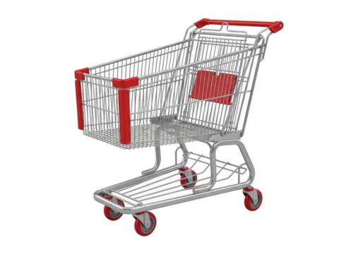 A metal shopping cart with red accents, isolated on a transparent background, ready for use in a supermarket or retail store
