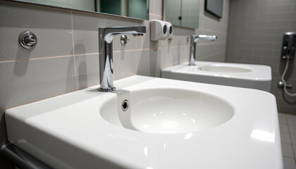 Modern sink chrome faucet bathroom basin white ceramic wall tile public restroom hygiene