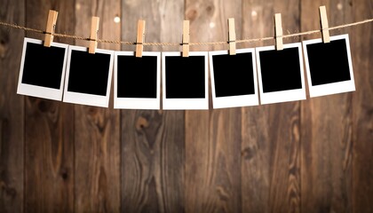 Vintage photo prints hanging on a clothesline against a wooden wall
