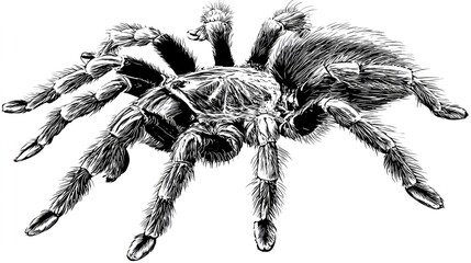 Hairy arachnid with eight legs in black ink drawing.