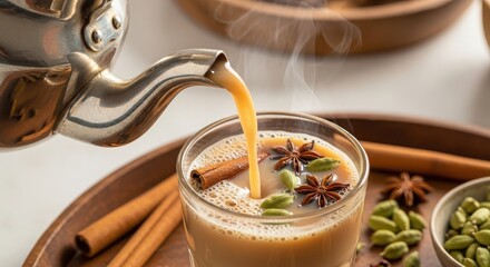 Pouring a cup of masala chai tea with spices, a traditional indian beverage with milk, cardamom, cinnamon, and star anise