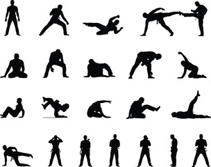 Silhouette martial arts poses, fighting stances, fitness movement collection, workout positions, self-defense training, athletic action set, dynamic body motion