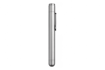 Silver metallic ballpoint pen standing vertically