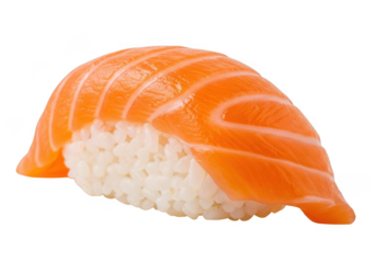 A single piece of salmon nigiri sushi, isolated on a transparent background