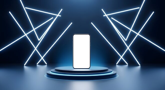 Futuristic neon archway and podium with purple and teal lights