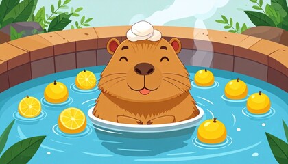 Cute capybara enjoying a hot spring
