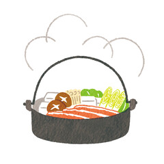 具材たっぷりのすき焼き鍋イラスト（冬の和食・湯気付き）