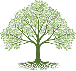 Beautiful tree illustration with roots, flourishing branches, green leaves, nature design, environmental growth symbol, organic botanical artwork, eco concept, decorative graphic