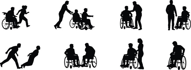 Silhouettes of caregivers assisting wheelchair users in various supportive actions, disability care concepts, mobility aid illustration for medical and community projects