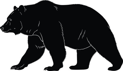 Black bear silhouette illustration, detailed wildlife animal design showing walking pose, perfect for nature graphics, outdoor themes, forest artwork, and logos