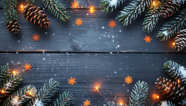 Fondo de Madera Oscura, Borde de Ramas de Pino, Piñas, Luces Naranjas y Copos de Nieve
