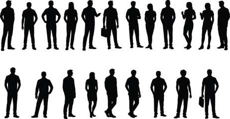 Silhouettes of diverse people standing in various poses, casual group illustration for design, modern lifestyle concept, creative human posture collection